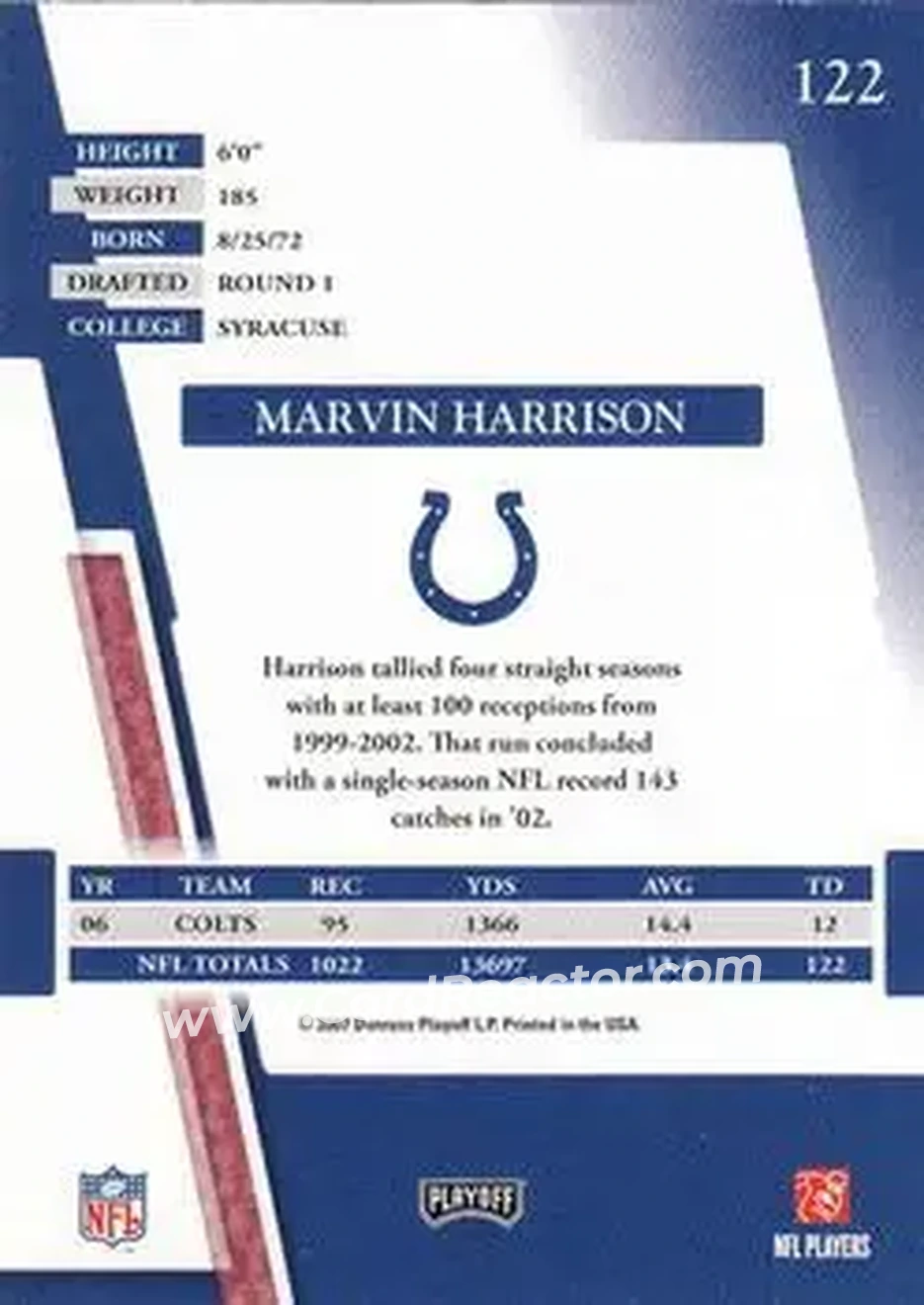 2007 Playoff Absolute Memorabilia #122 - Marvin Harrison - Indianapolis Colts - Back