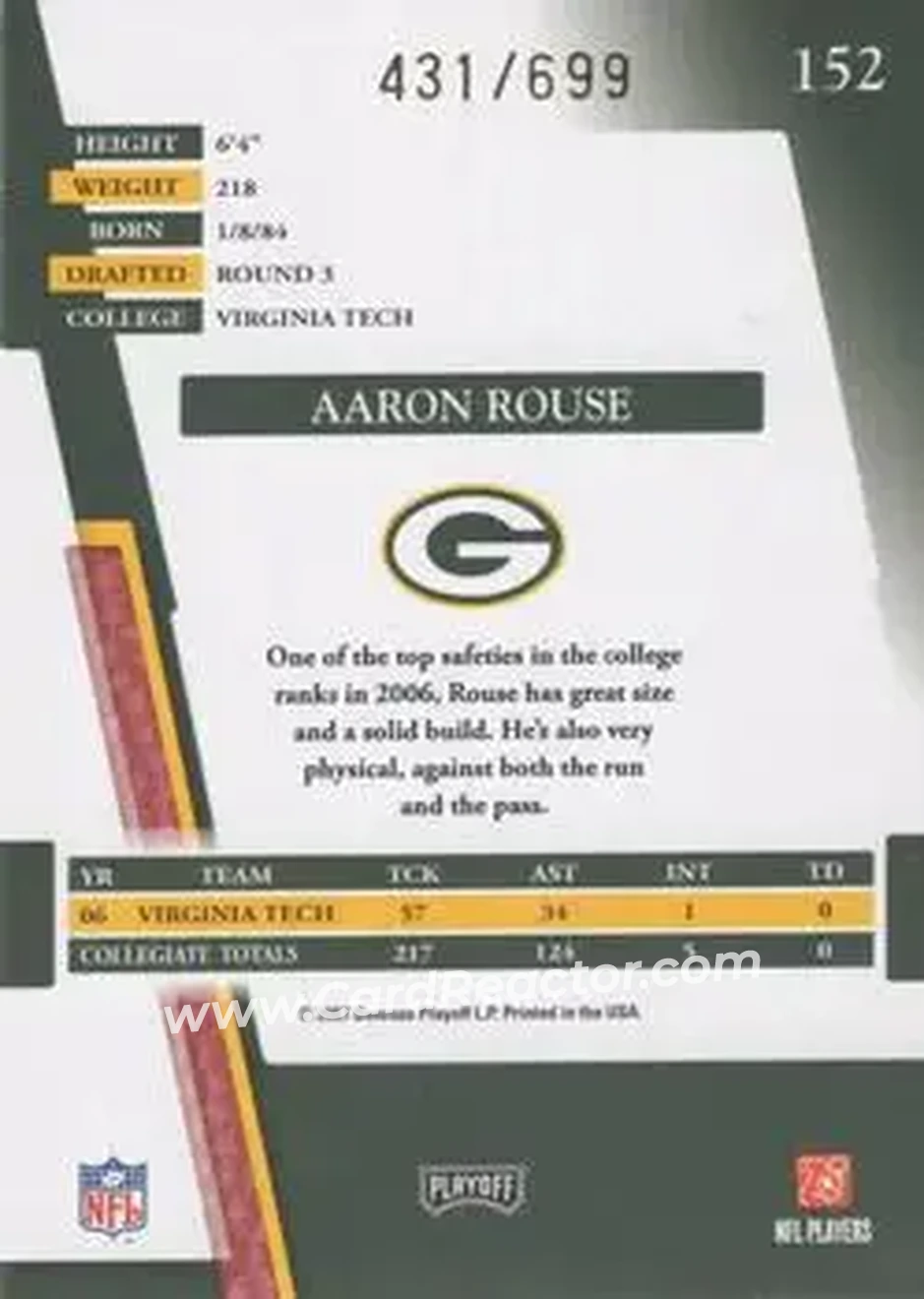 2007 Playoff Absolute Memorabilia #152 - Aaron Rouse - Green Bay Packers - Back