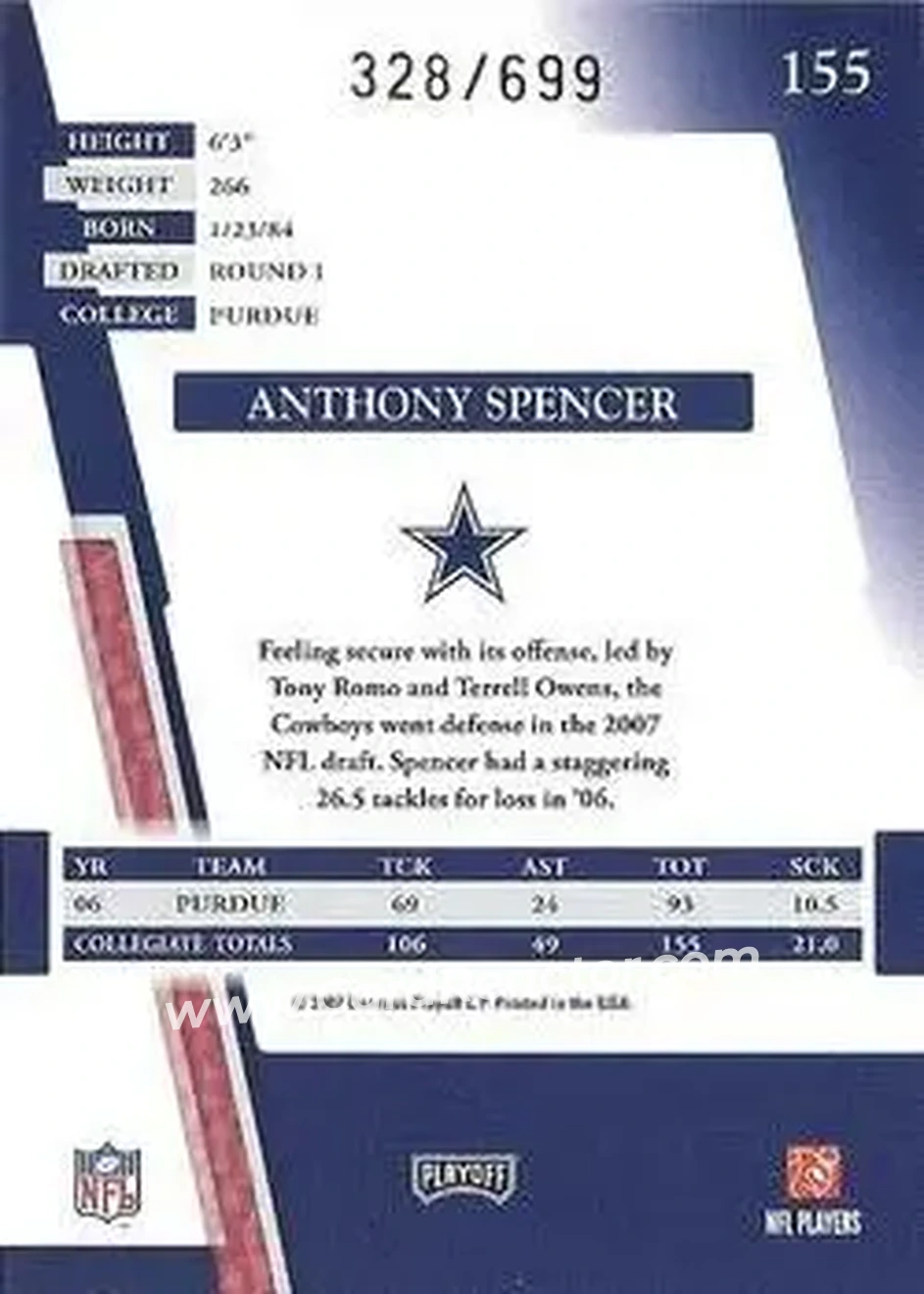 2007 Playoff Absolute Memorabilia #155 - Anthony Spencer - Dallas Cowboys - Back