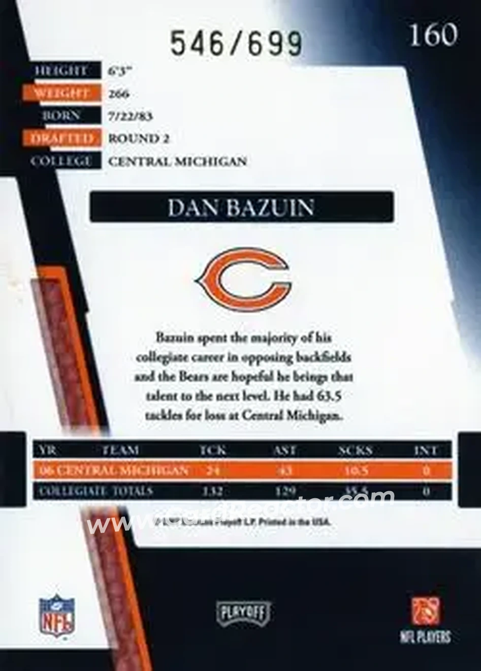 2007 Playoff Absolute Memorabilia #160 - Dan Bazuin - Chicago Bears - Back