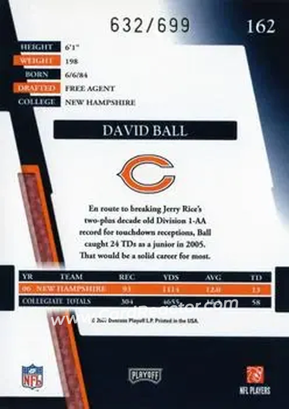 2007 Playoff Absolute Memorabilia #162 - David Ball - Chicago Bears - Back