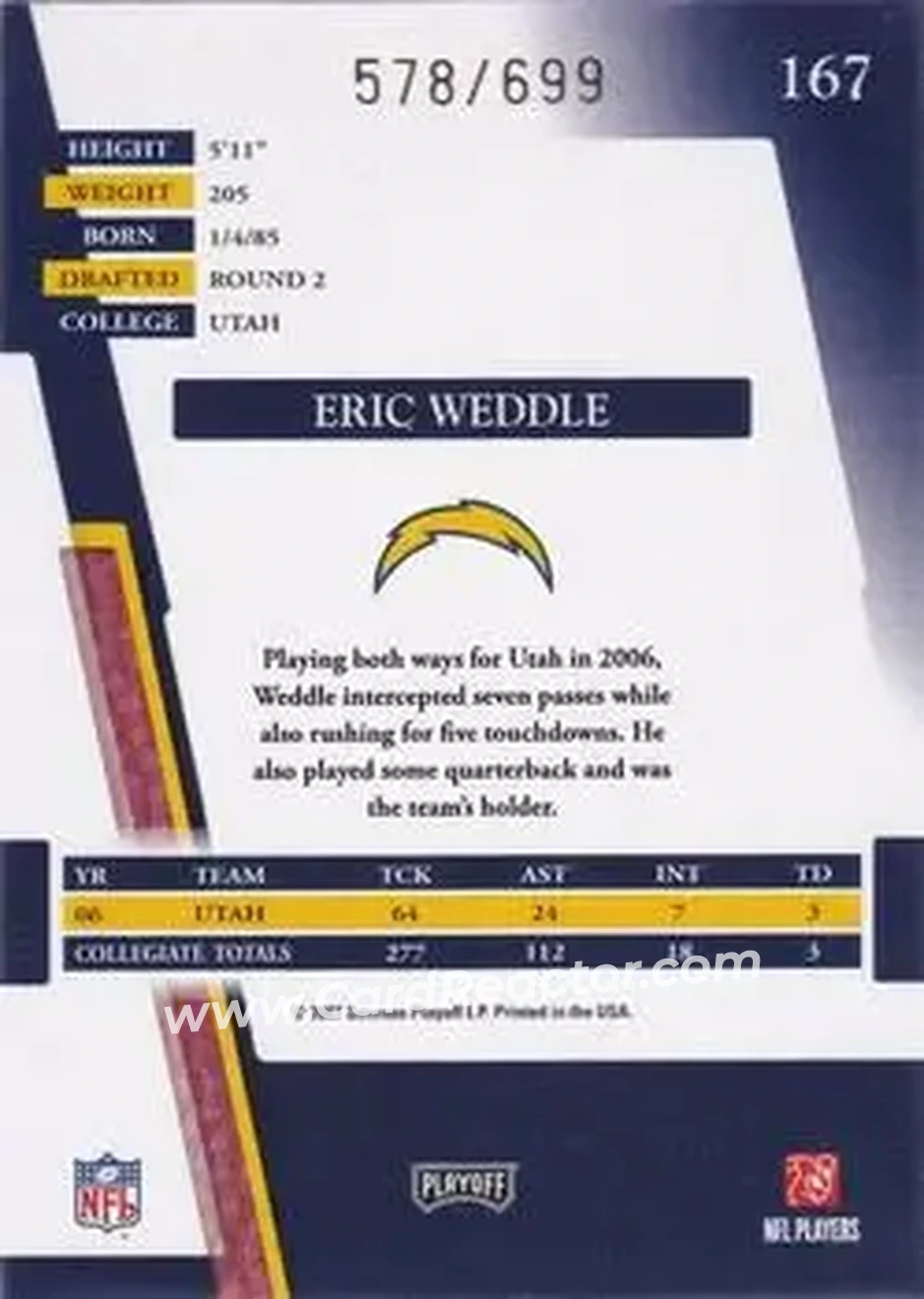 2007 Playoff Absolute Memorabilia #167 - Eric Weddle - San Diego Chargers - Back