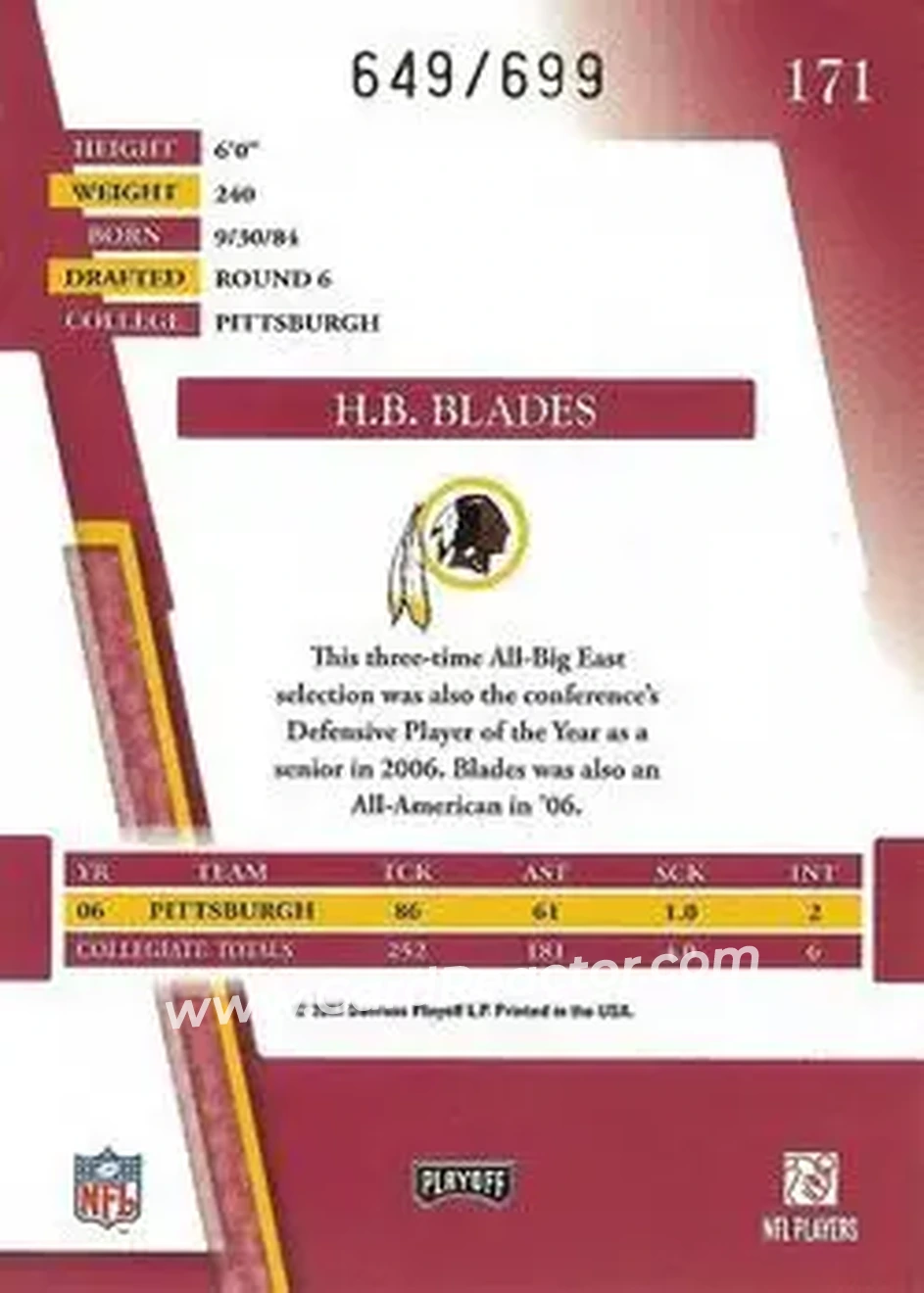2007 Playoff Absolute Memorabilia #171 - H.B. Blades - Washington Redskins - Back