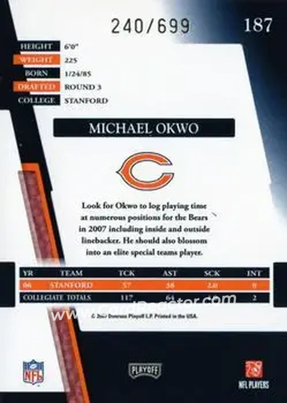 2007 Playoff Absolute Memorabilia #187 - Michael Okwo - Chicago Bears - Back