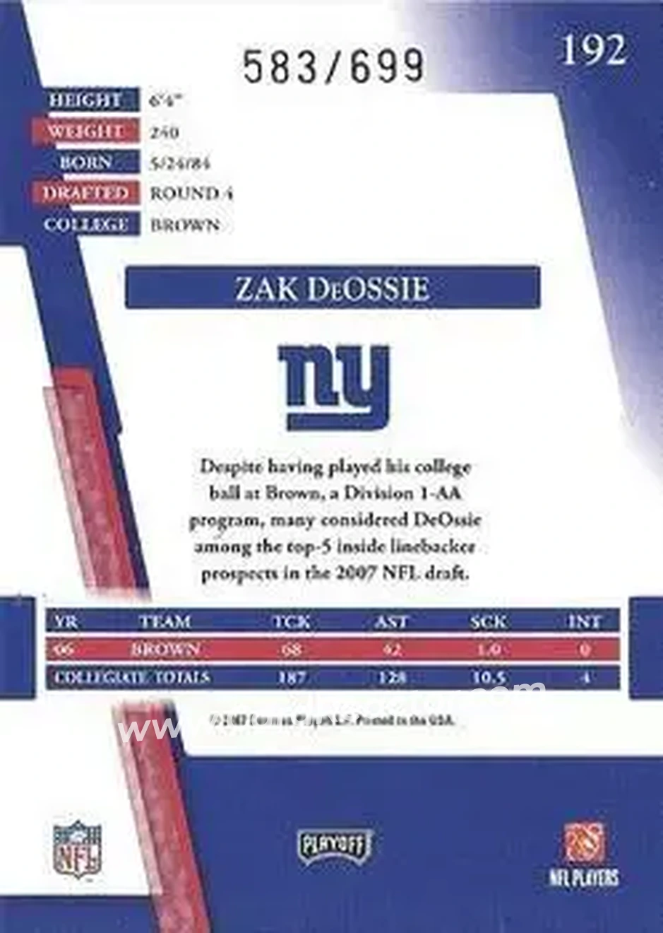 2007 Playoff Absolute Memorabilia #192 - Zak DeOssie - New York Giants - Back 2007 Playoff Absolute Memorabilia #192 - Zak DeOssie - New York Giants - Back