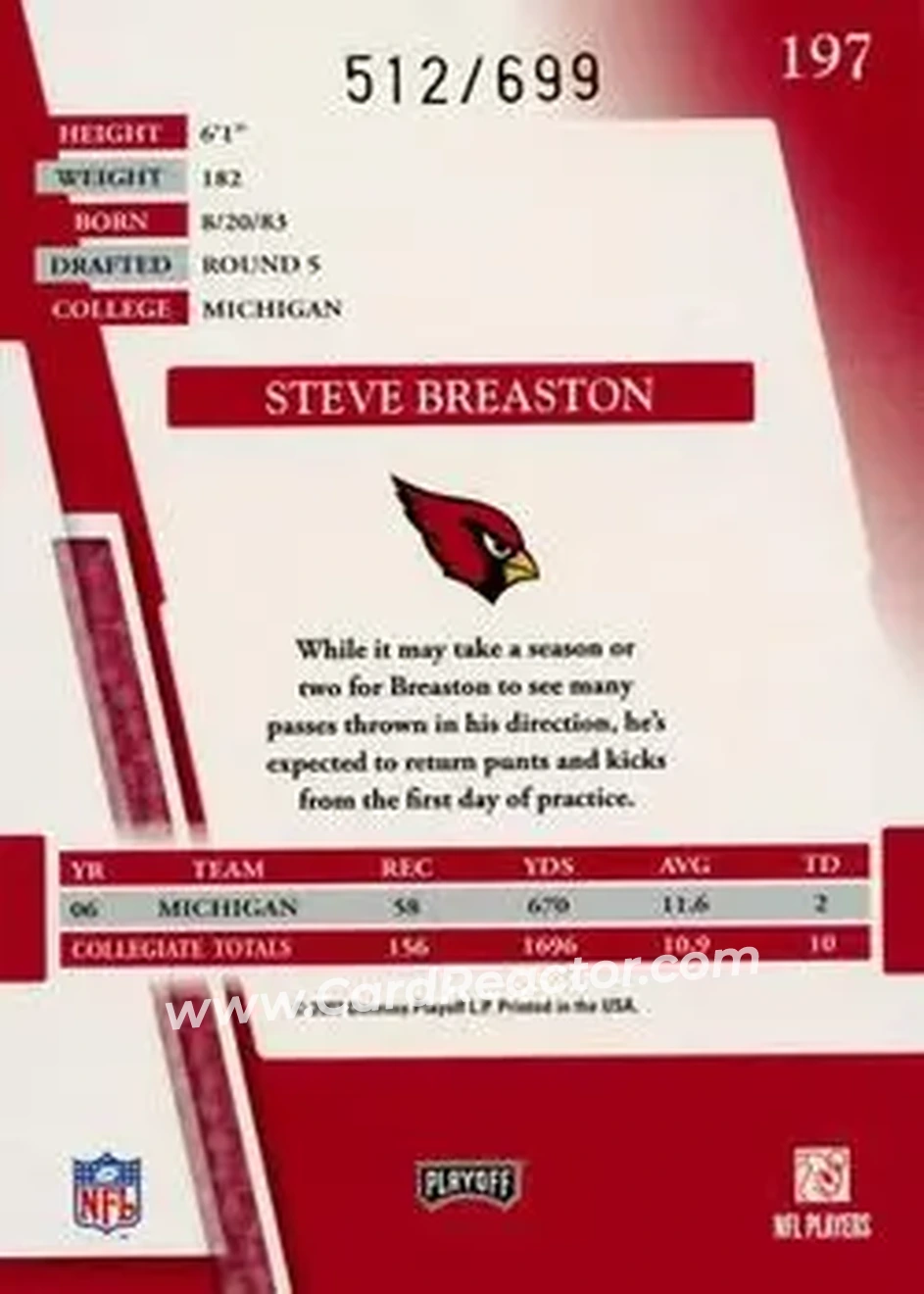 2007 Playoff Absolute Memorabilia #197 - Steve Breaston - Arizona Cardinals - Back 2007 Playoff Absolute Memorabilia #197 - Steve Breaston - Arizona Cardinals - Back