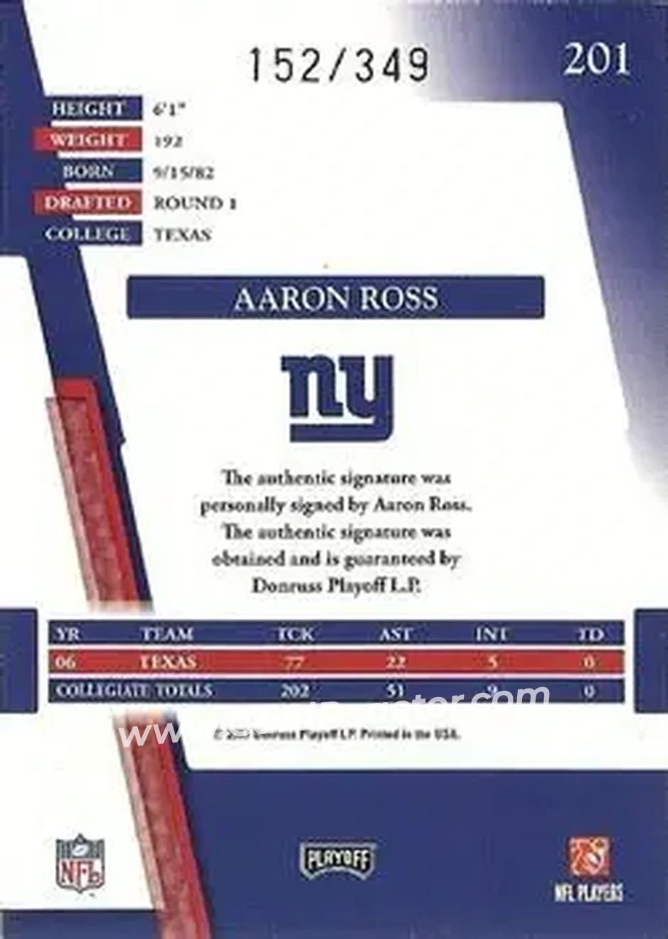 2007 Playoff Absolute Memorabilia #201 - Aaron Ross - New York Giants - Back