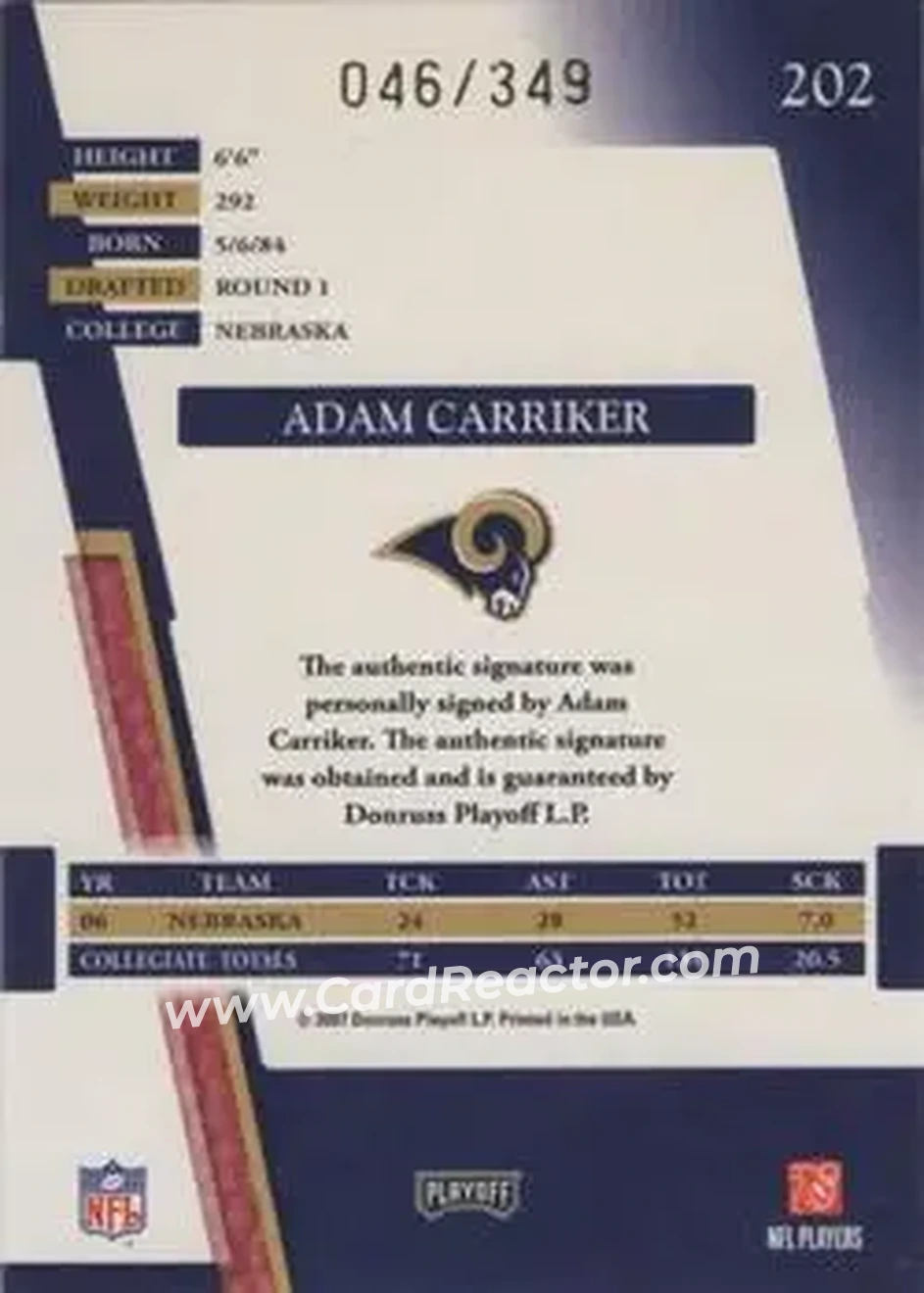 2007 Playoff Absolute Memorabilia #202 - Adam Carriker - St. Louis Rams - Back