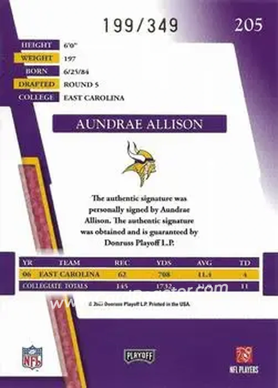 2007 Playoff Absolute Memorabilia #205 - Aundrae Allison - Minnesota Vikings - Back