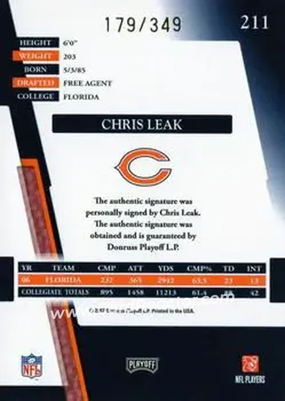 2007 Playoff Absolute Memorabilia #211 - Chris Leak - Chicago Bears - Back