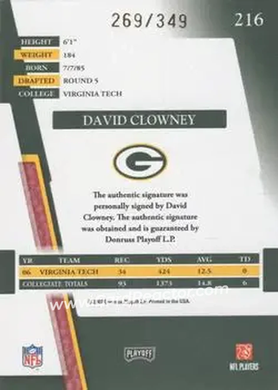 2007 Playoff Absolute Memorabilia #216 - David Clowney - Green Bay Packers - Back