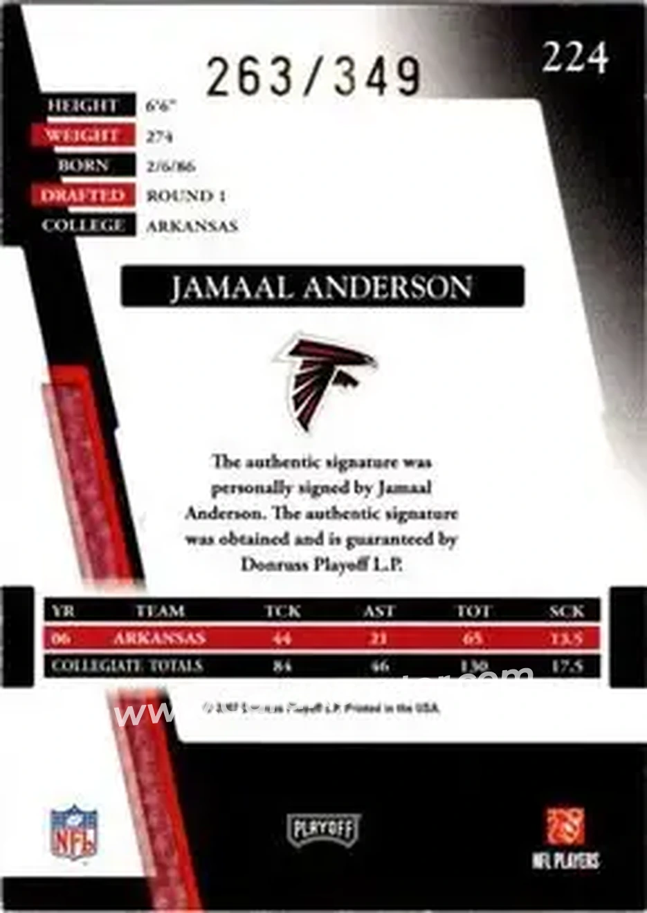 2007 Playoff Absolute Memorabilia #224 - Jamaal Anderson - Atlanta Falcons - Back 2007 Playoff Absolute Memorabilia #224 - Jamaal Anderson - Atlanta Falcons - Back