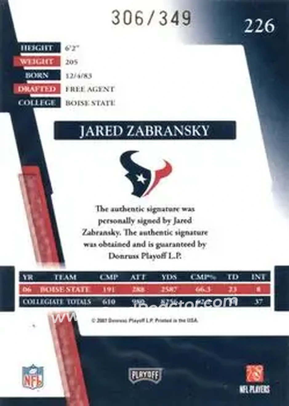 2007 Playoff Absolute Memorabilia #226 - Jared Zabransky - Houston Texans - Back