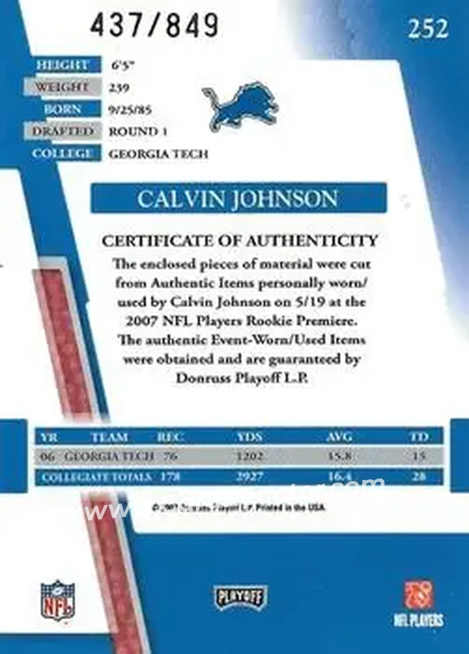 2007 Playoff Absolute Memorabilia #252 - Calvin Johnson - Detroit Lions - Back 2007 Playoff Absolute Memorabilia #252 - Calvin Johnson - Detroit Lions - Back