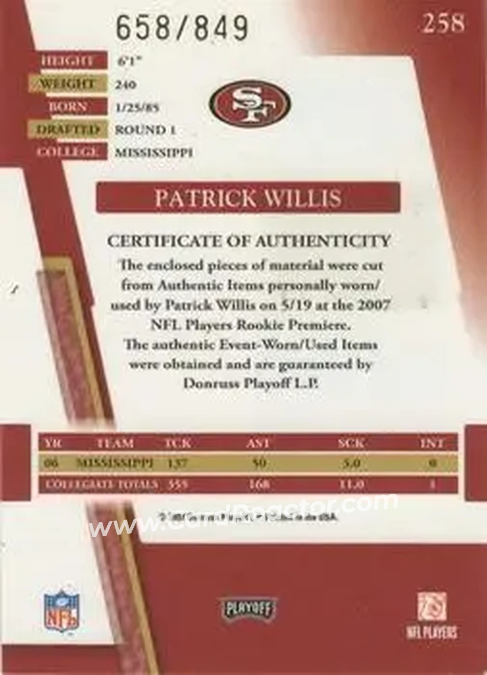2007 Playoff Absolute Memorabilia #258 - Patrick Willis - San Francisco 49ers - Back 2007 Playoff Absolute Memorabilia #258 - Patrick Willis - San Francisco 49ers - Back