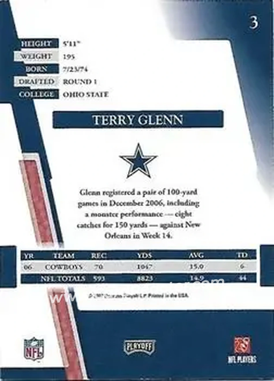 2007 Playoff Absolute Memorabilia #3 - Terry Glenn - Dallas Cowboys - Back