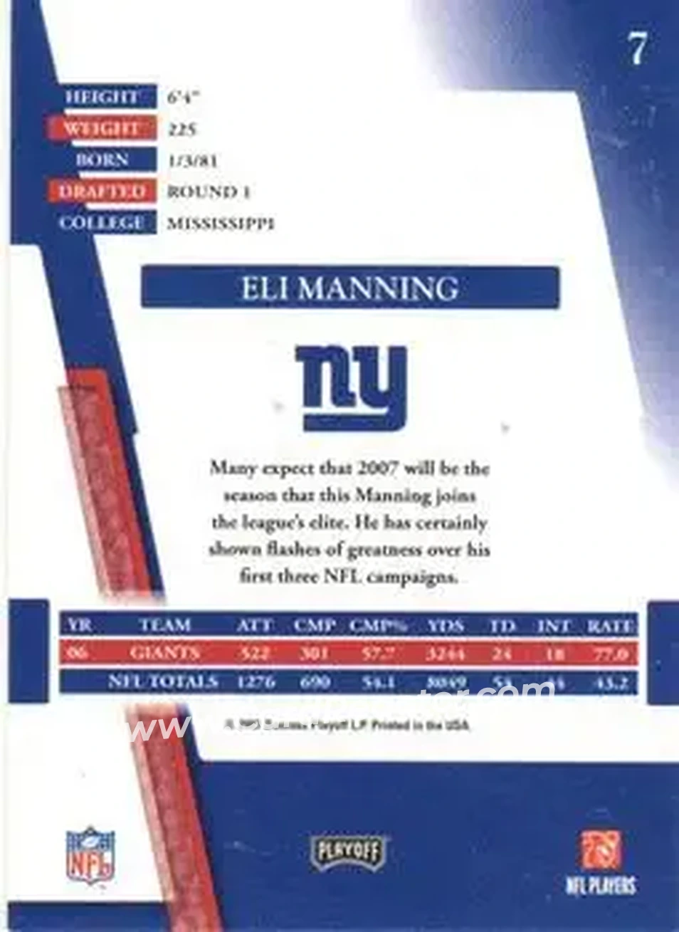 2007 Playoff Absolute Memorabilia #7 - Eli Manning - New York Giants - Back 2007 Playoff Absolute Memorabilia #7 - Eli Manning - New York Giants - Back