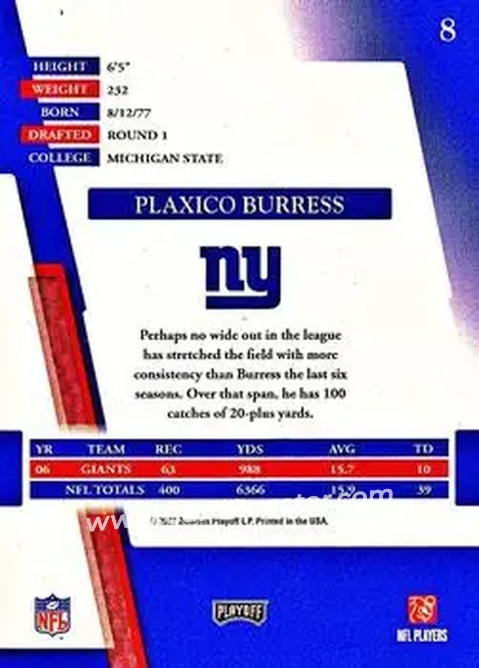 2007 Playoff Absolute Memorabilia #8 - Plaxico Burress - New York Giants - Back