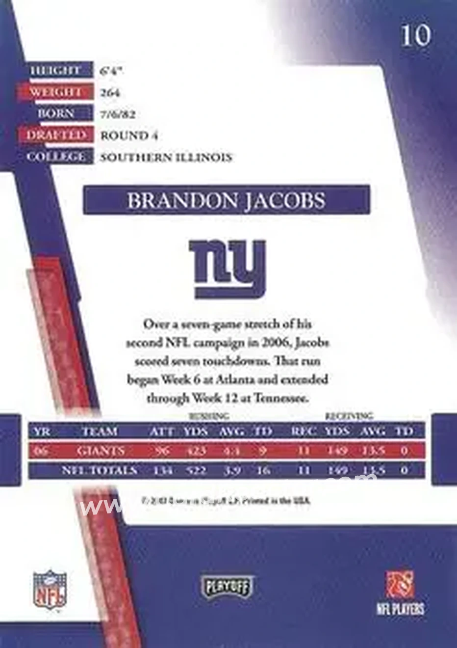 2007 Playoff Absolute Memorabilia #10 - Brandon Jacobs - New York Giants - Back