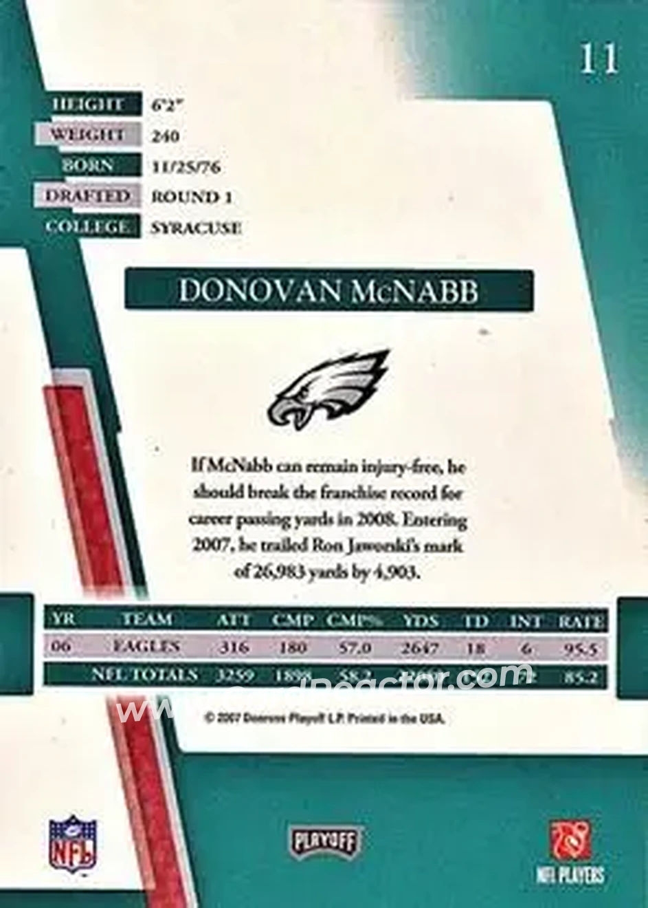 2007 Playoff Absolute Memorabilia #11 - Donovan McNabb - Philadelphia Eagles - Back