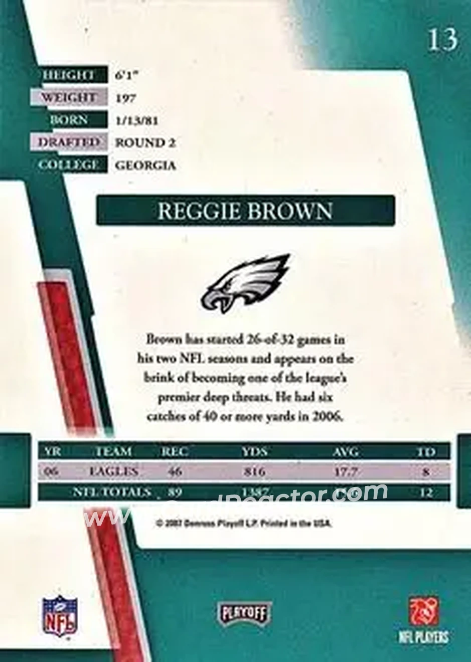 2007 Playoff Absolute Memorabilia #13 - Reggie Brown - Philadelphia Eagles - Back