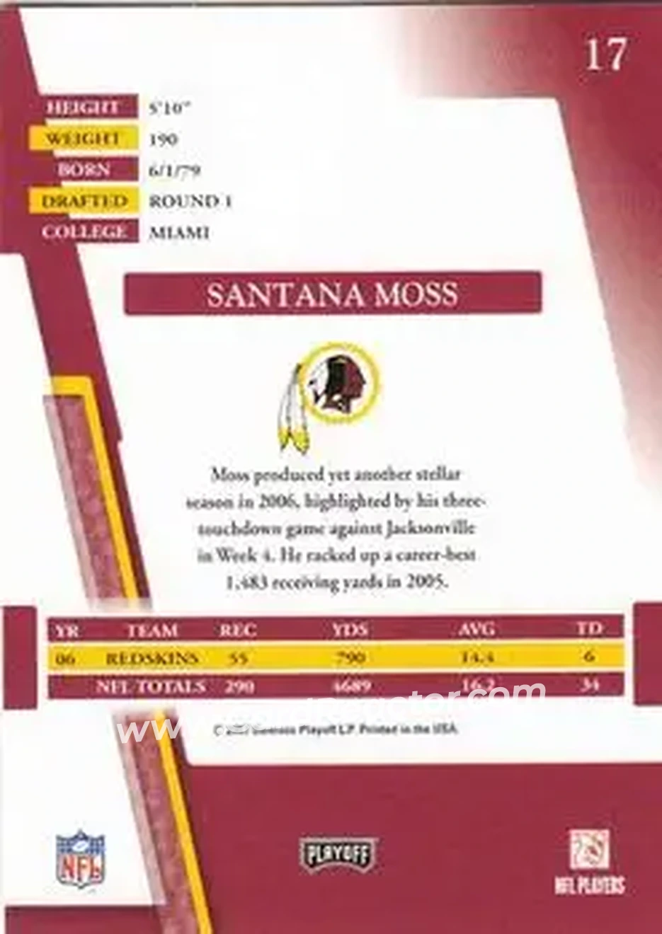 2007 Playoff Absolute Memorabilia #17 - Santana Moss - Washington Redskins - Back