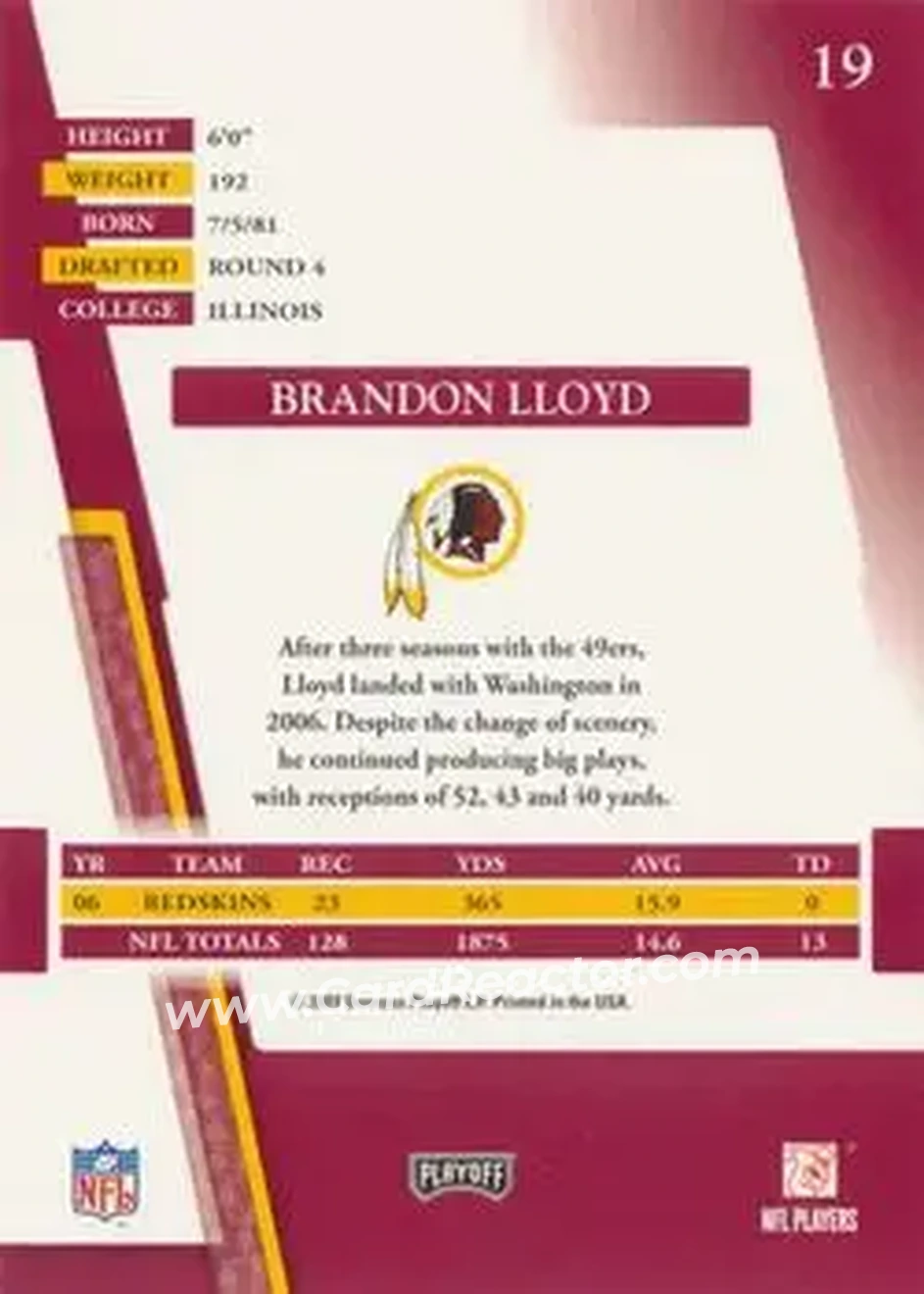 2007 Playoff Absolute Memorabilia #19 - Brandon Lloyd - Washington Redskins - Back