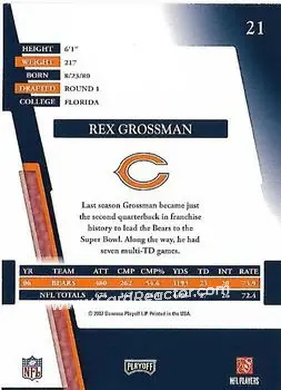 2007 Playoff Absolute Memorabilia #21 - Rex Grossman - Chicago Bears - Back 2007 Playoff Absolute Memorabilia #21 - Rex Grossman - Chicago Bears - Back