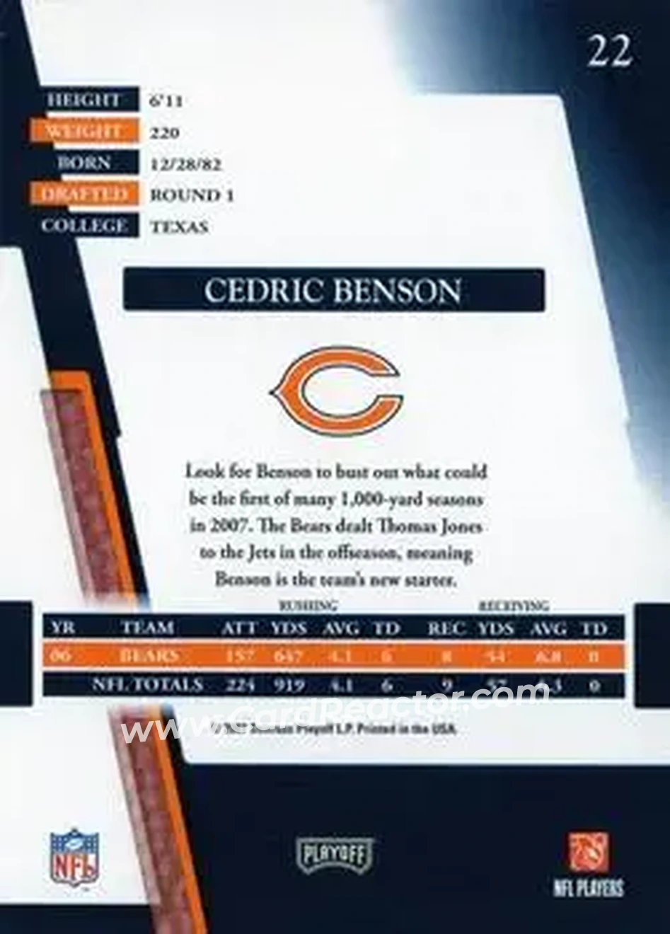2007 Playoff Absolute Memorabilia #22 - Cedric Benson - Chicago Bears - Back 2007 Playoff Absolute Memorabilia #22 - Cedric Benson - Chicago Bears - Back