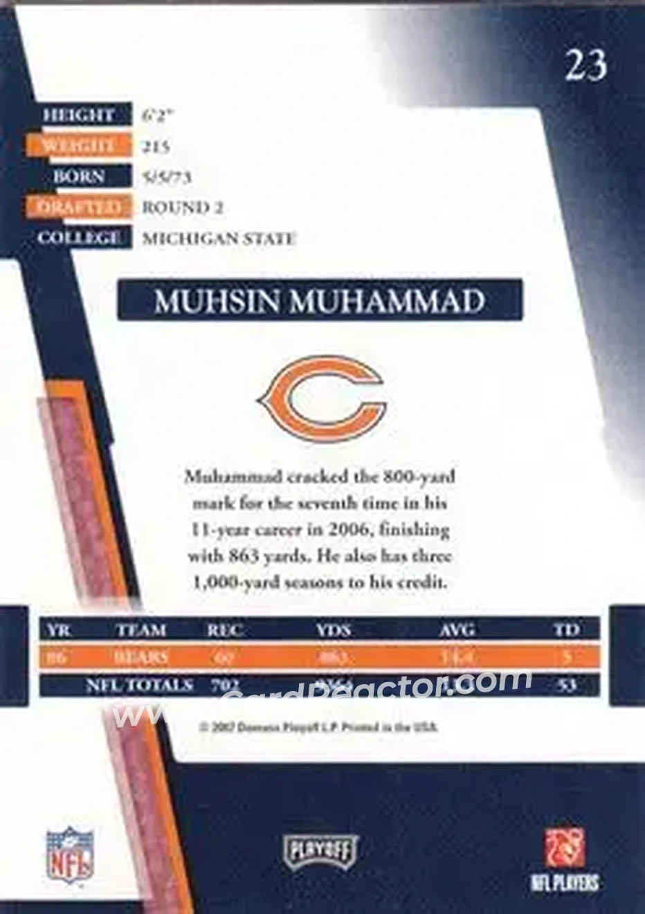 2007 Playoff Absolute Memorabilia #23 - Muhsin Muhammad - Chicago Bears - Back
