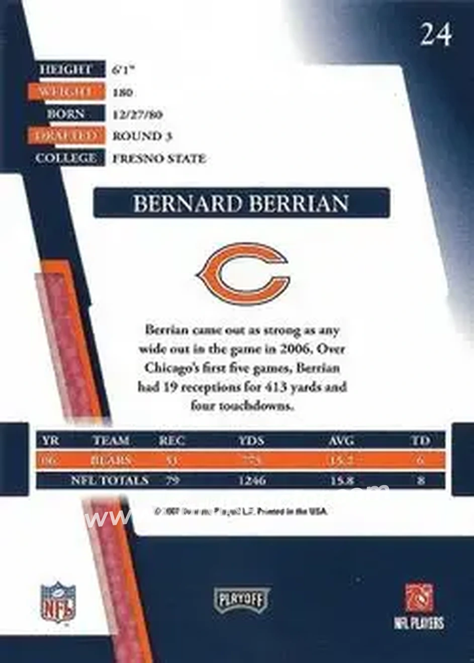 2007 Playoff Absolute Memorabilia #24 - Bernard Berrian - Chicago Bears - Back