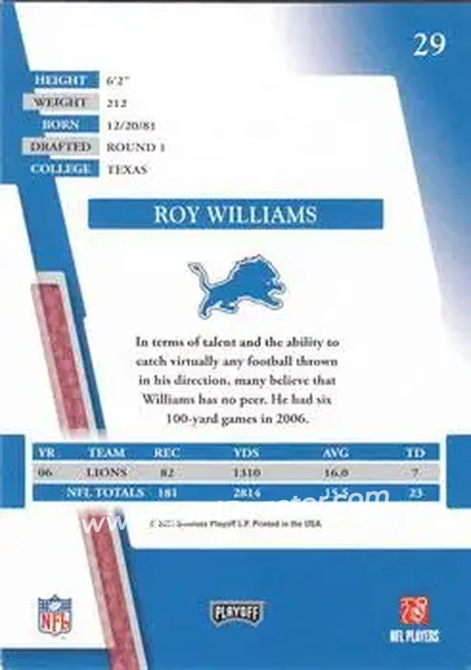 2007 Playoff Absolute Memorabilia #29 - Roy Williams - Detroit Lions - Back