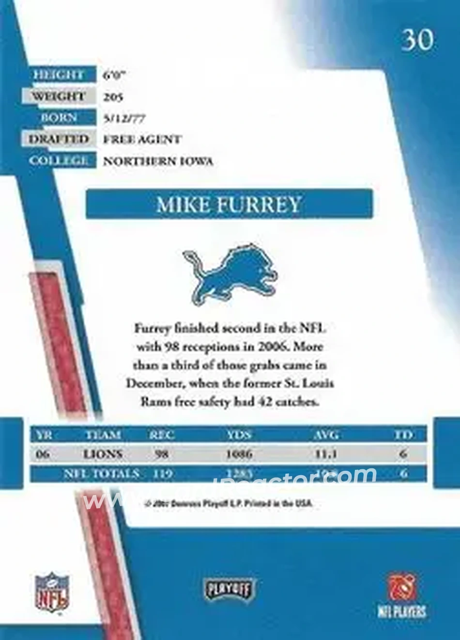 2007 Playoff Absolute Memorabilia #30 - Mike Furrey - Detroit Lions - Back 2007 Playoff Absolute Memorabilia #30 - Mike Furrey - Detroit Lions - Back