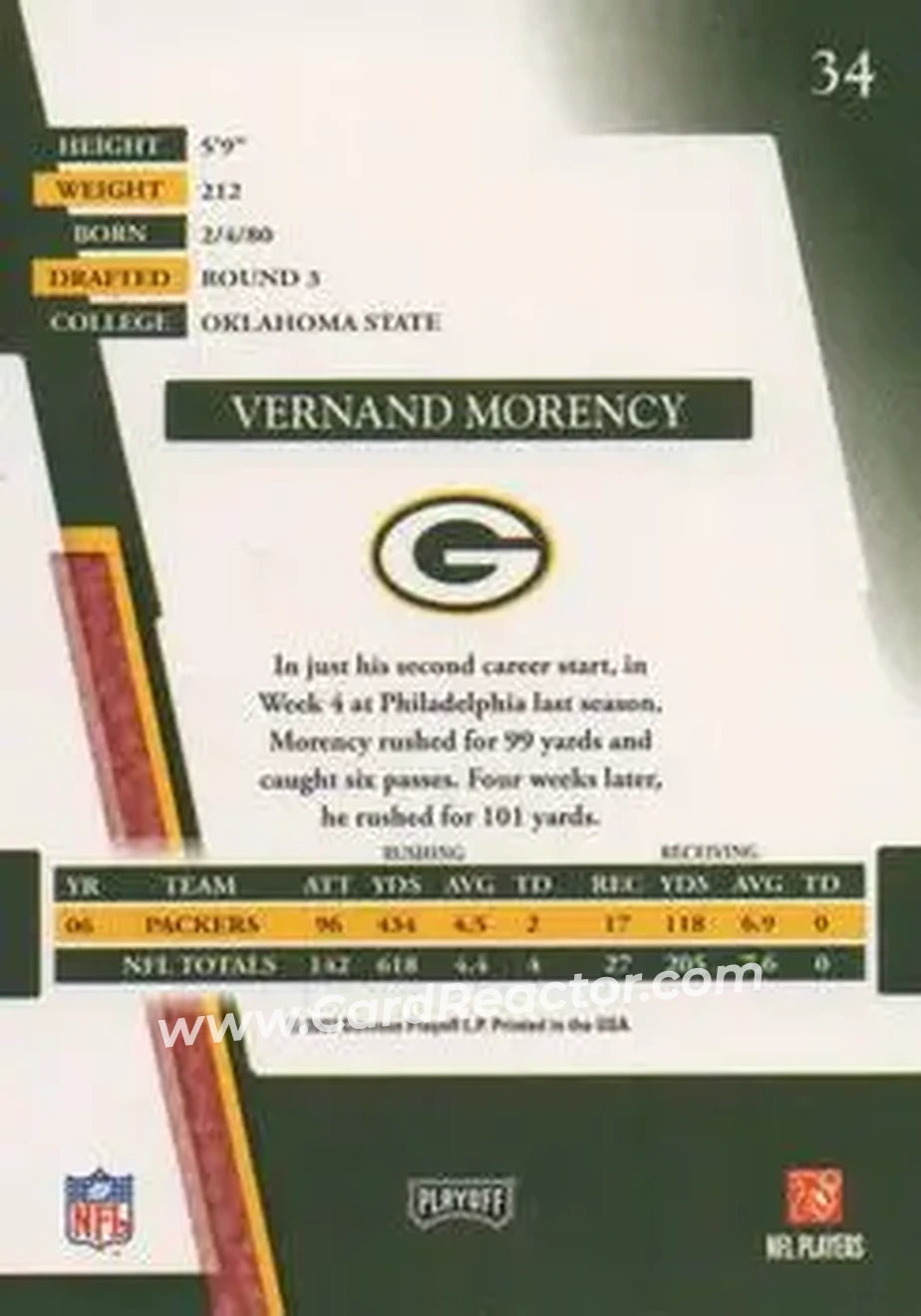 2007 Playoff Absolute Memorabilia #34 - Vernand Morency - Green Bay Packers - Back 2007 Playoff Absolute Memorabilia #34 - Vernand Morency - Green Bay Packers - Back