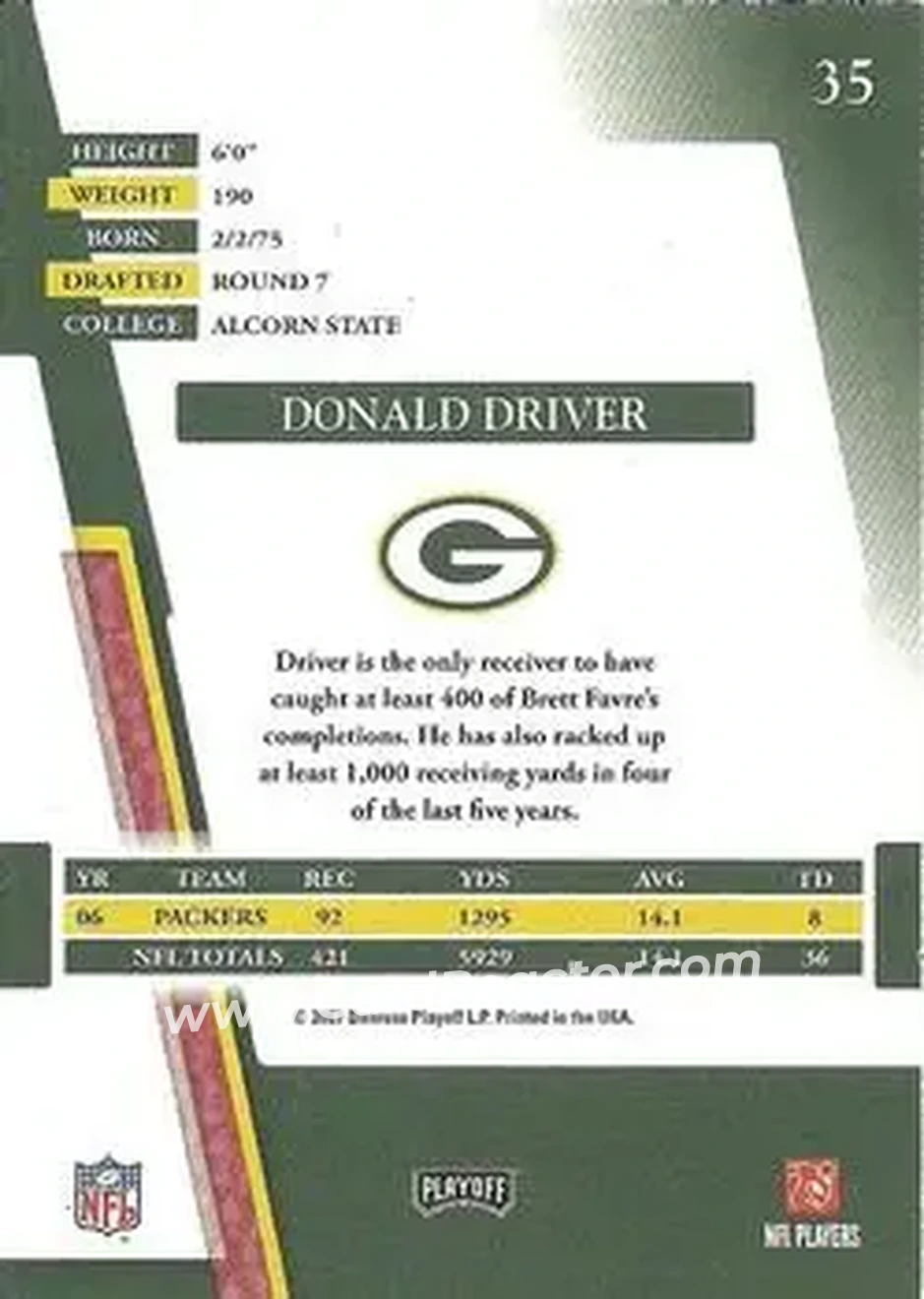 2007 Playoff Absolute Memorabilia #35 - Donald Driver - Green Bay Packers - Back