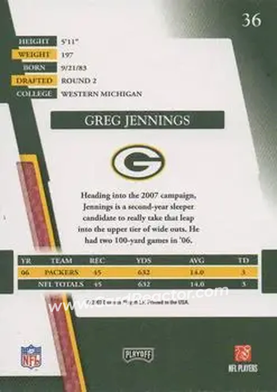 2007 Playoff Absolute Memorabilia #36 - Greg Jennings - Green Bay Packers - Back