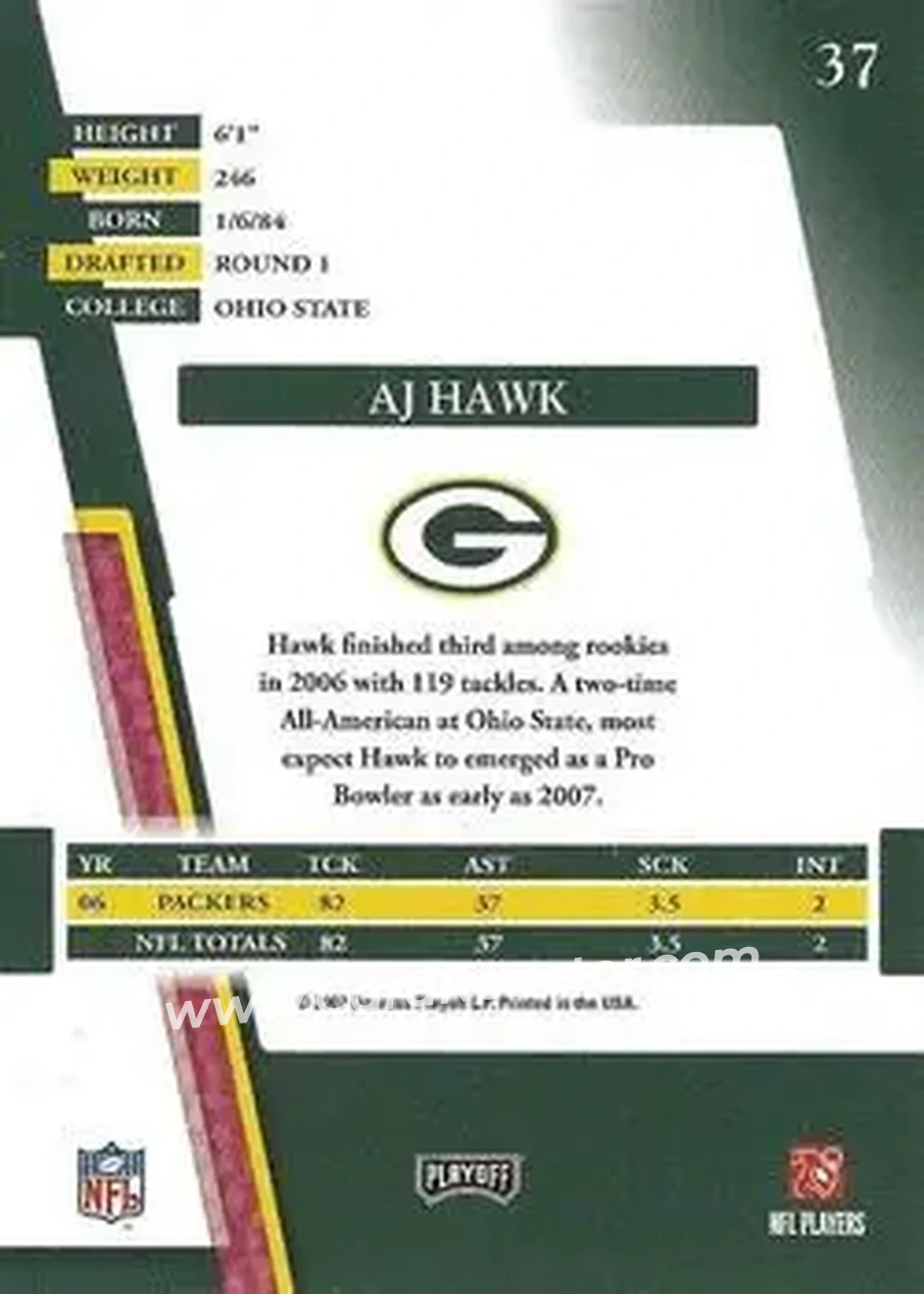 2007 Playoff Absolute Memorabilia #37 - A.J. Hawk - Green Bay Packers - Back
