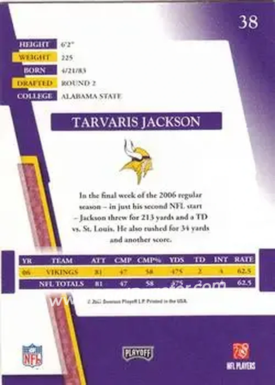2007 Playoff Absolute Memorabilia #38 - Tarvaris Jackson - Minnesota Vikings - Back 2007 Playoff Absolute Memorabilia #38 - Tarvaris Jackson - Minnesota Vikings - Back