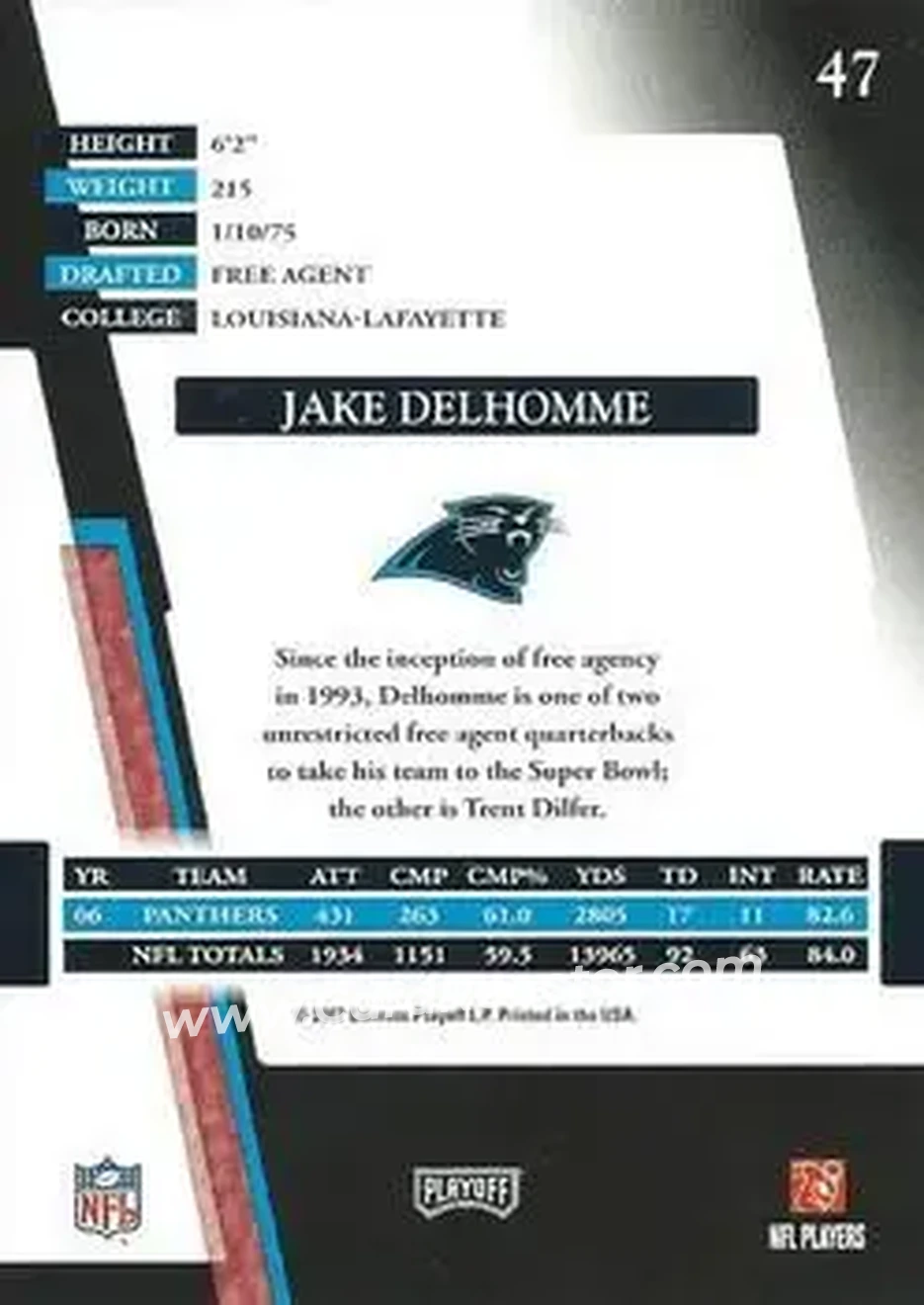 2007 Playoff Absolute Memorabilia #47 - Jake Delhomme - Carolina Panthers - Back 2007 Playoff Absolute Memorabilia #47 - Jake Delhomme - Carolina Panthers - Back