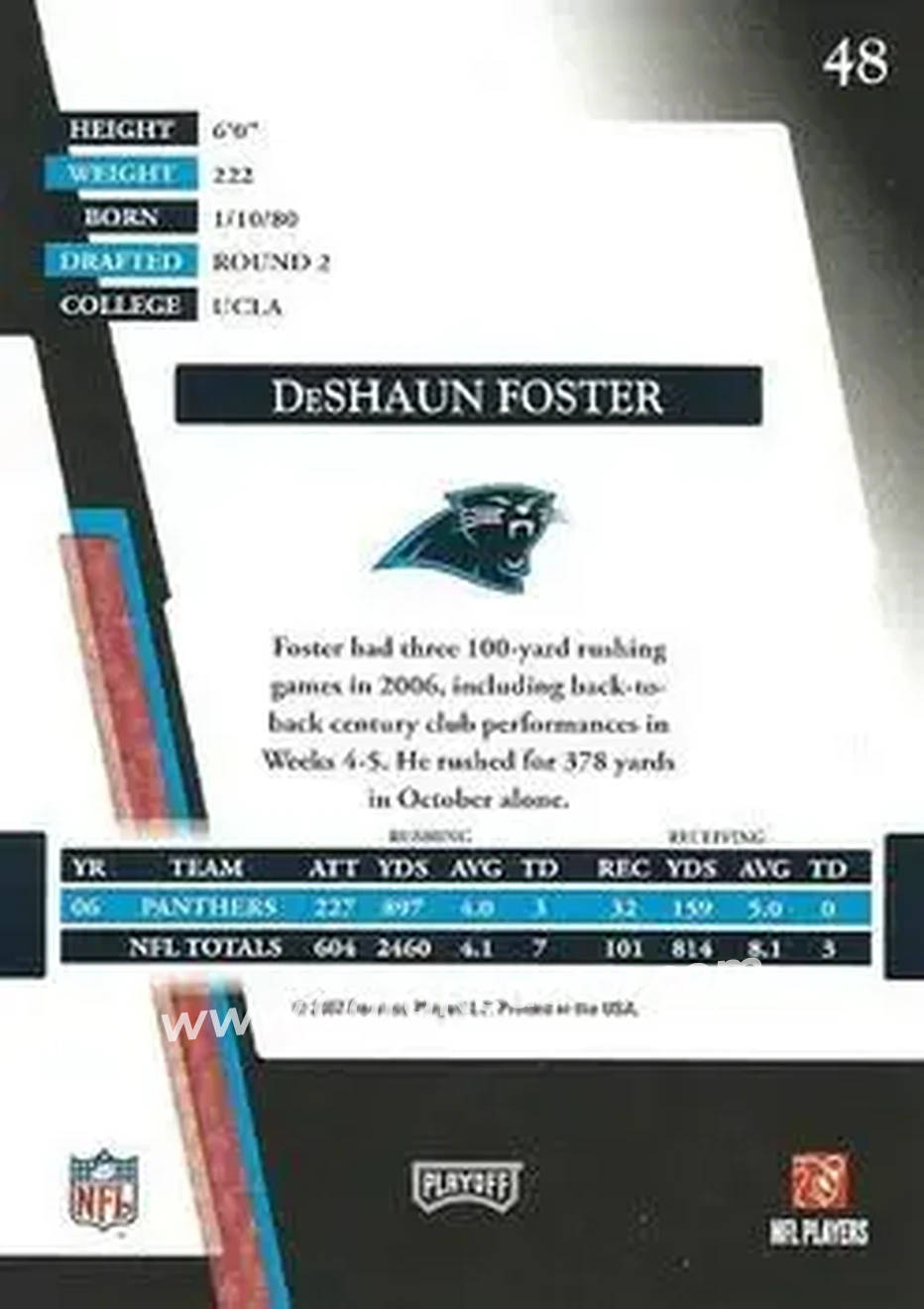 2007 Playoff Absolute Memorabilia #48 - DeShaun Foster - Carolina Panthers - Back 2007 Playoff Absolute Memorabilia #48 - DeShaun Foster - Carolina Panthers - Back