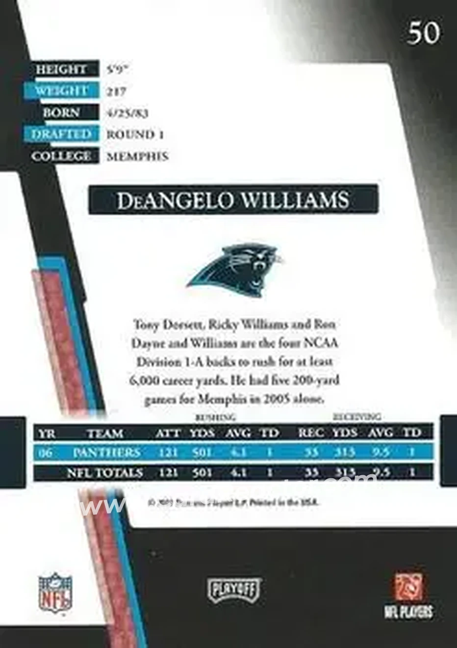 2007 Playoff Absolute Memorabilia #50 - DeAngelo Williams - Carolina Panthers - Back 2007 Playoff Absolute Memorabilia #50 - DeAngelo Williams - Carolina Panthers - Back