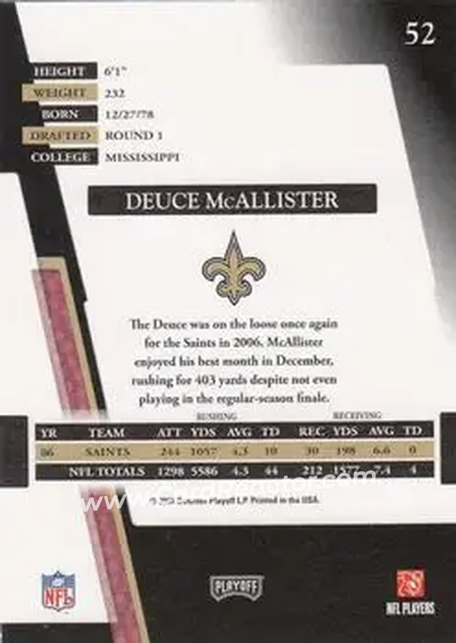 2007 Playoff Absolute Memorabilia #52 - Deuce McAllister - New Orleans Saints - Back 2007 Playoff Absolute Memorabilia #52 - Deuce McAllister - New Orleans Saints - Back