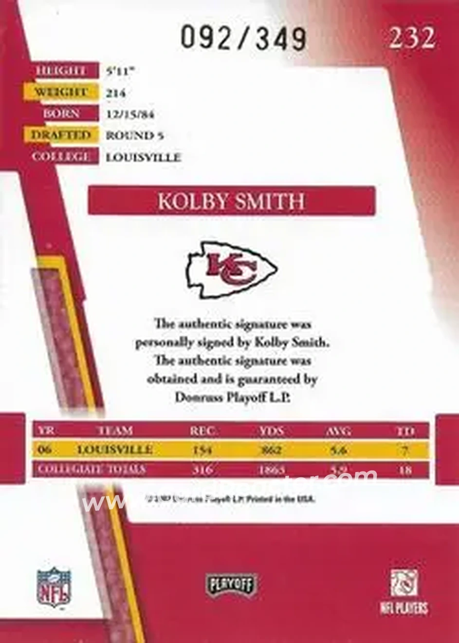 2007 Playoff Absolute Memorabilia #232 - Kolby Smith - Kansas City Chiefs - Back
