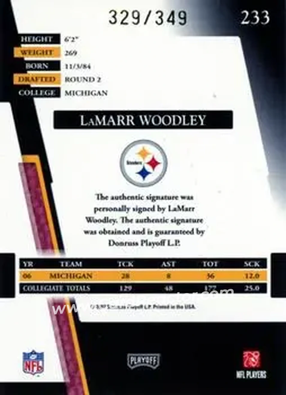 2007 Playoff Absolute Memorabilia #233 - LaMarr Woodley - Pittsburgh Steelers - Back 2007 Playoff Absolute Memorabilia #233 - LaMarr Woodley - Pittsburgh Steelers - Back