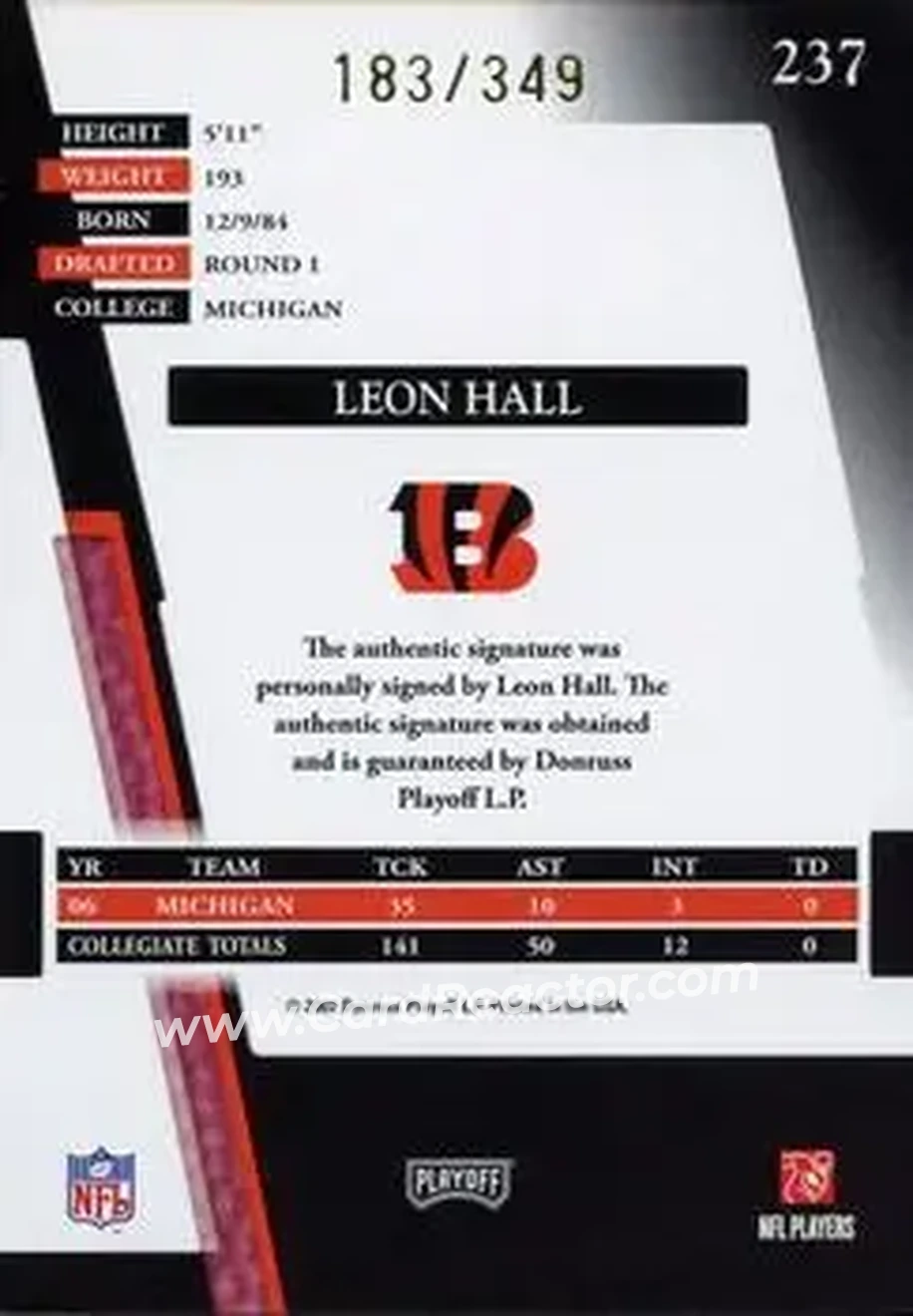 2007 Playoff Absolute Memorabilia #237 - Leon Hall - Cincinnati Bengals - Back 2007 Playoff Absolute Memorabilia #237 - Leon Hall - Cincinnati Bengals - Back