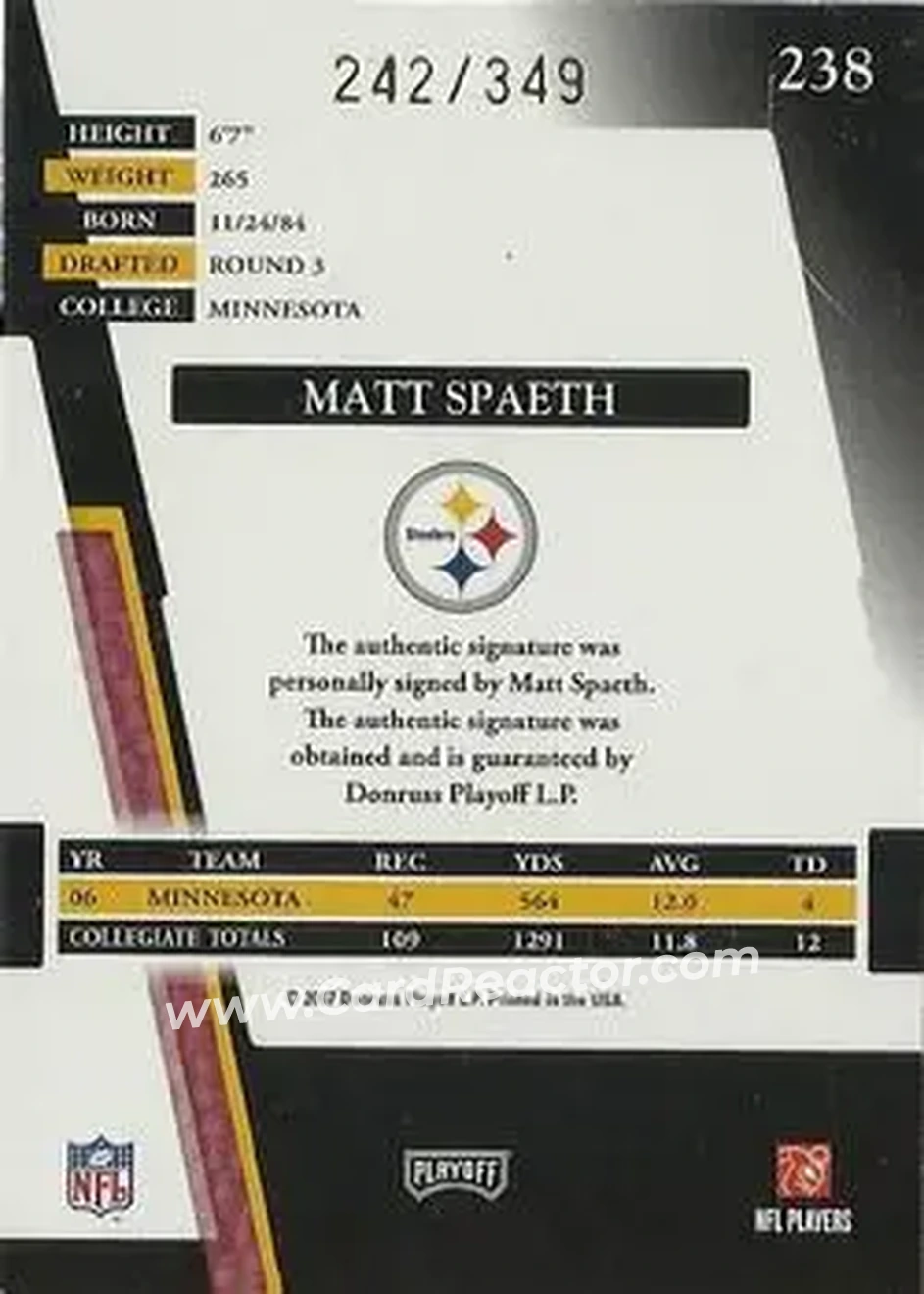 2007 Playoff Absolute Memorabilia #238 - Matt Spaeth - Pittsburgh Steelers - Back