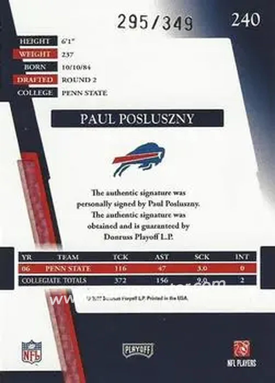 2007 Playoff Absolute Memorabilia #240 - Paul Posluszny - Buffalo Bills - Back 2007 Playoff Absolute Memorabilia #240 - Paul Posluszny - Buffalo Bills - Back