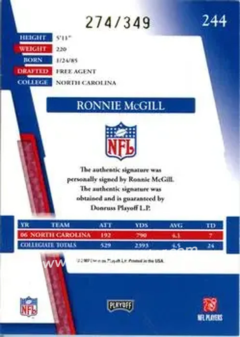 2007 Playoff Absolute Memorabilia #244 - Ronnie McGill - North Carolina Tar Heels - Back