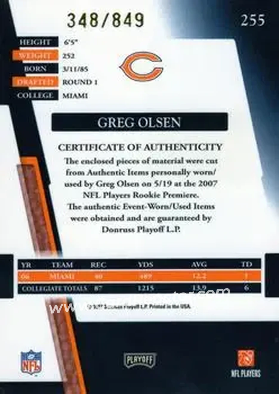 2007 Playoff Absolute Memorabilia #255 - Greg Olsen - Chicago Bears - Back 2007 Playoff Absolute Memorabilia #255 - Greg Olsen - Chicago Bears - Back