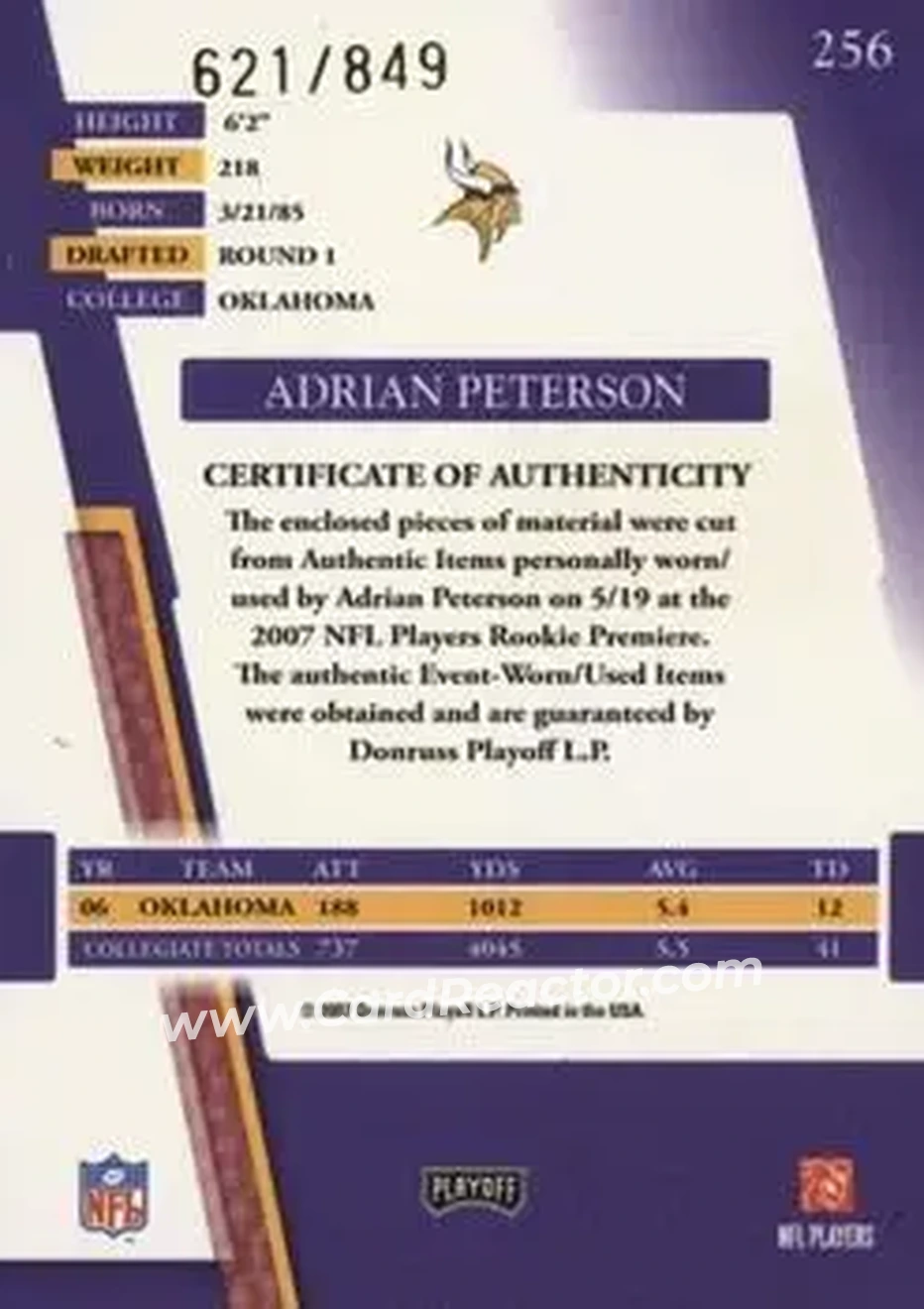 2007 Playoff Absolute Memorabilia #256 - Adrian Peterson - Minnesota Vikings - Back